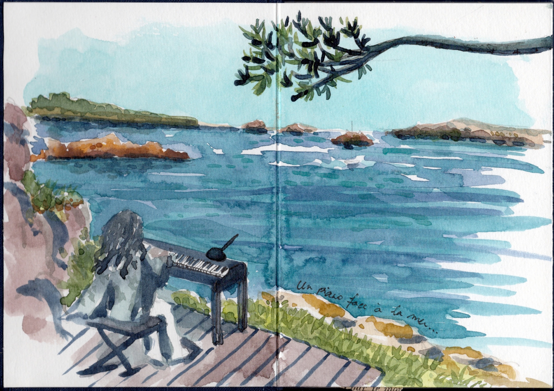 Aquarelle : une pianiste joue face à la mer sur une terrasse en bois, en Bretagne